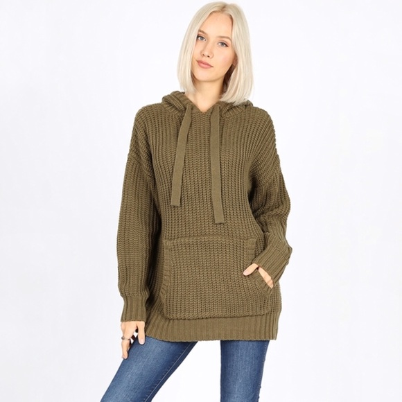 Sweaters - Olive Knit Hooded Sweater with Pockets